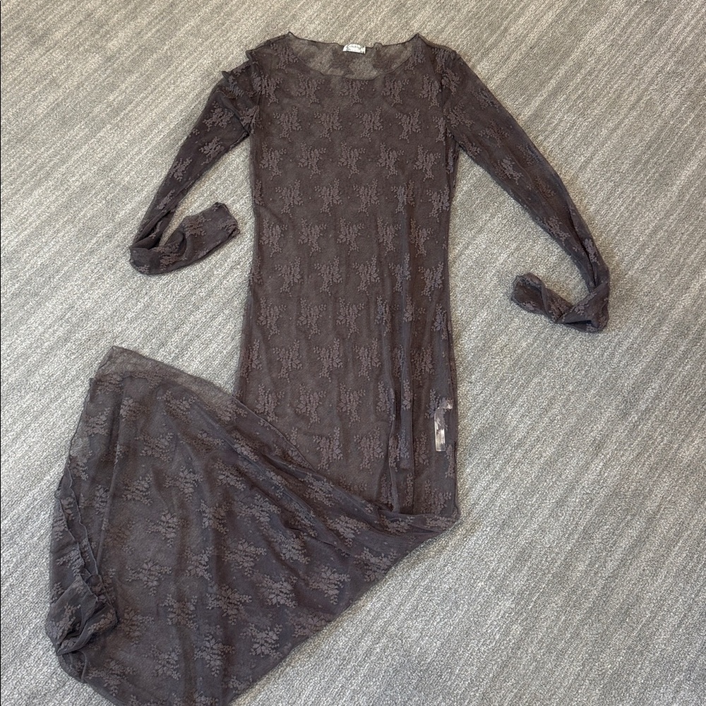 Free People Lux Maxi Slip Dress Mesh Lace Dark Grey Size M NWOT - Picture 6 of 11